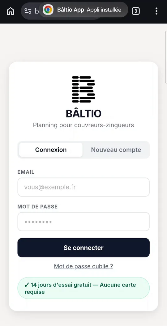 Bâltio installée : le navigateur confirme « Appli installée », prête à s'ouvrir comme une application.